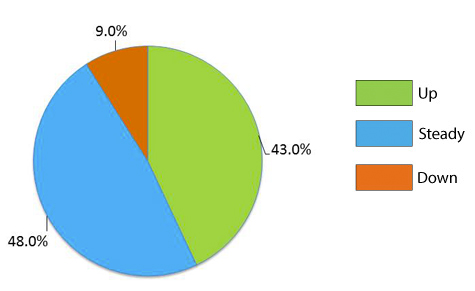 Image of a blue, green, and orange pie chart, which explains the results for the 2015 Quarter 4 Economic Forecast Survey for West Valley Group Staffing in Sunnyvale, CA